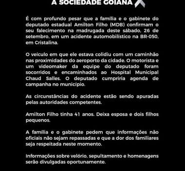 Imagem - Deputado de Goiás morre em colisão com carreta durante campanha eleitoral