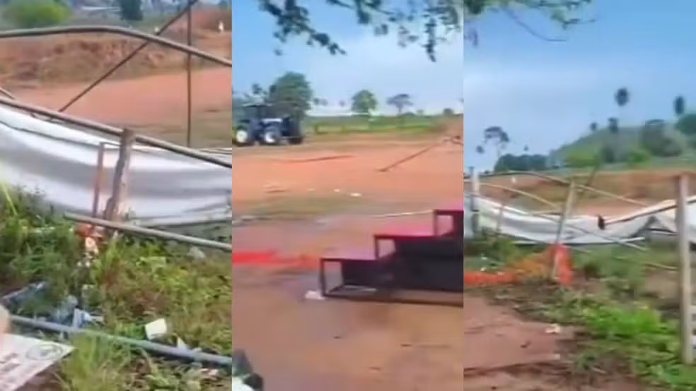 Estrutura metálica não resiste a ventania e desaba -