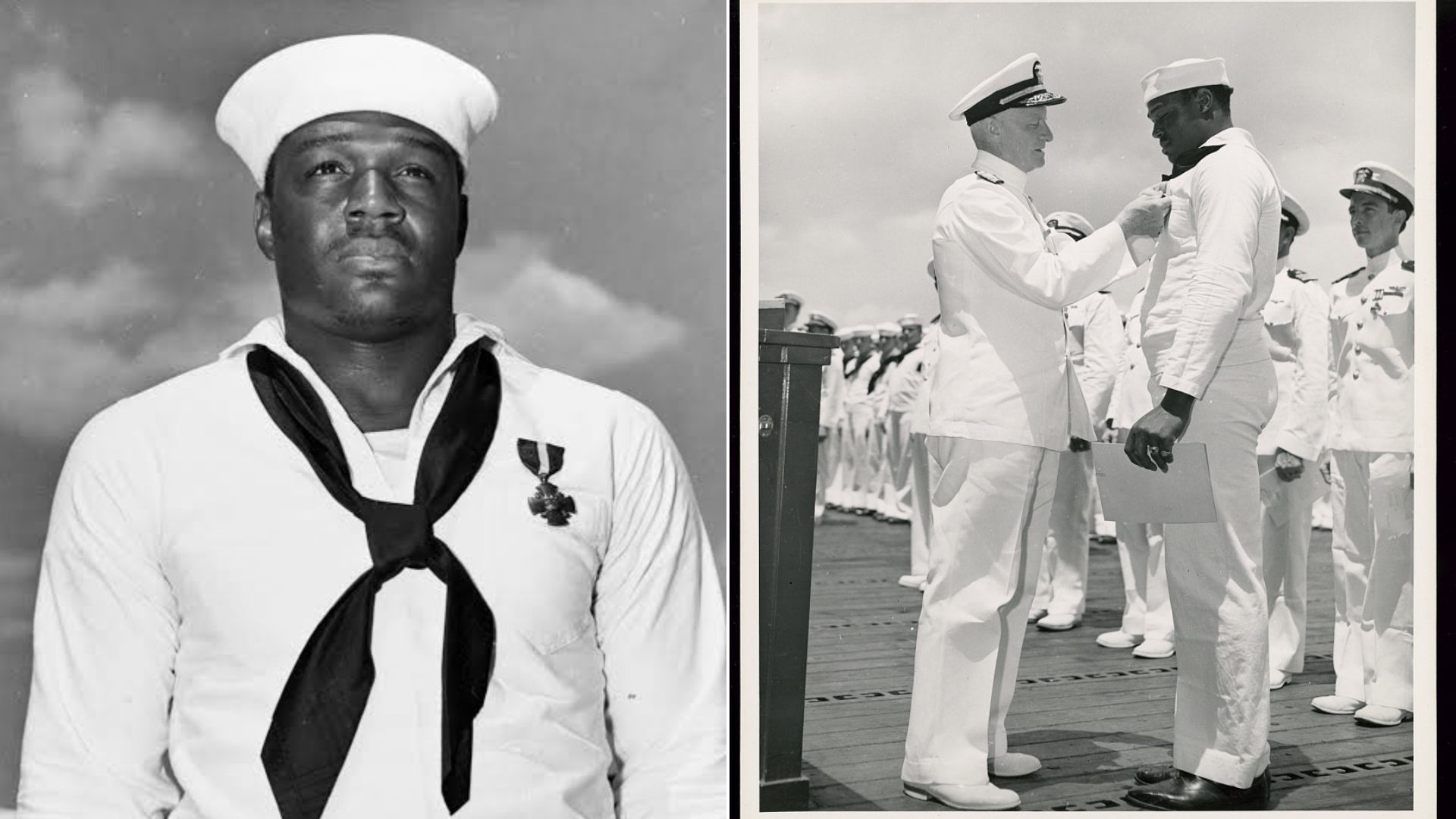 Doris Miller, militar negro que se tornou um dos principais heróis da Marinha americana durante a Segunda Guerra Mundial, primeiro afro-americano a receber a honraria.
