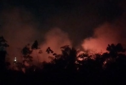 (Imagens registradas no local mostram o fogo avançando pela área, enquanto moradores acompanham a ocorrência e buscam informações sobre a situação.)