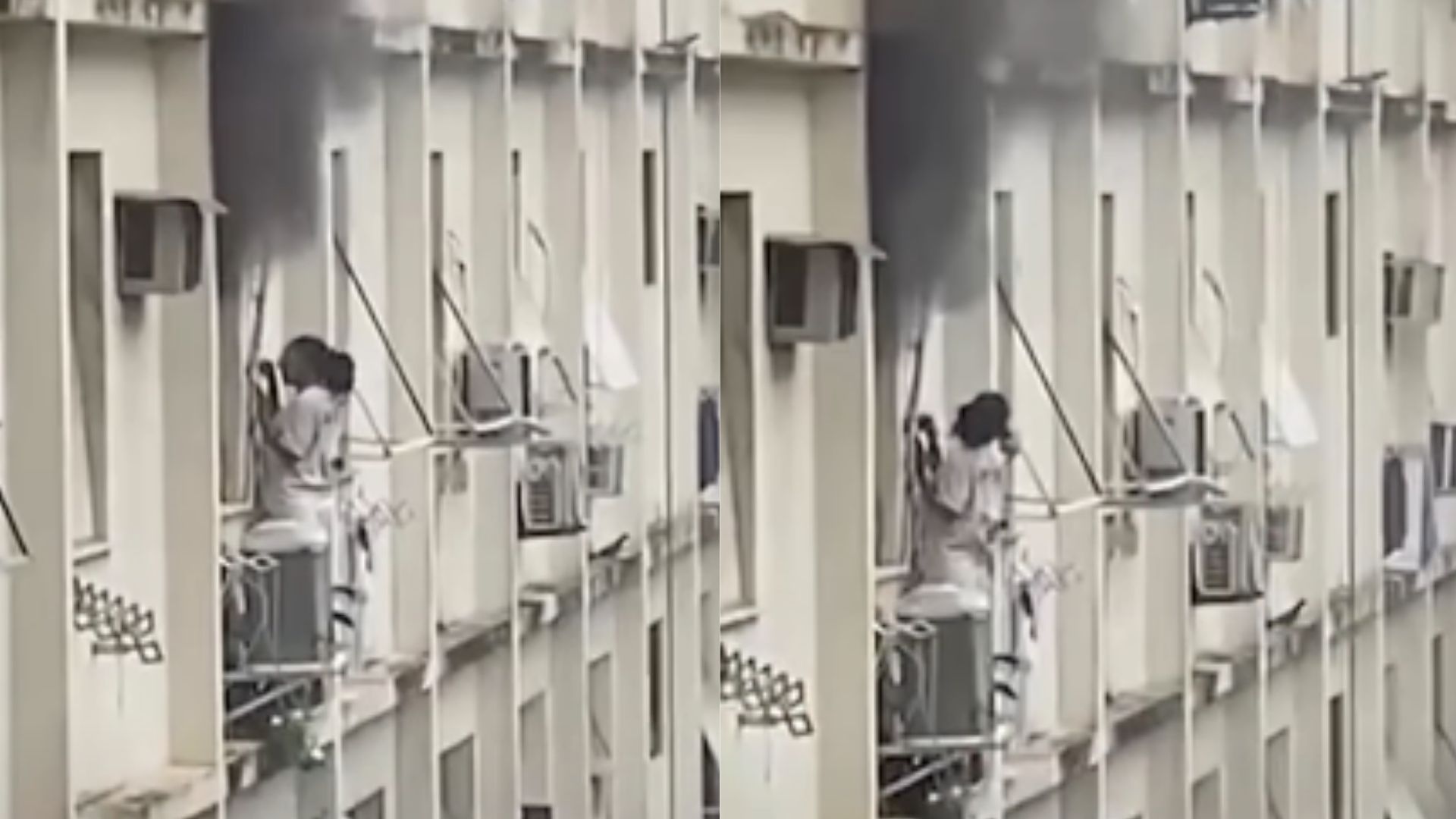 Uma moradora precisou sair pela janela e permanecer no parapeito do edifício até a chegada do socorro.