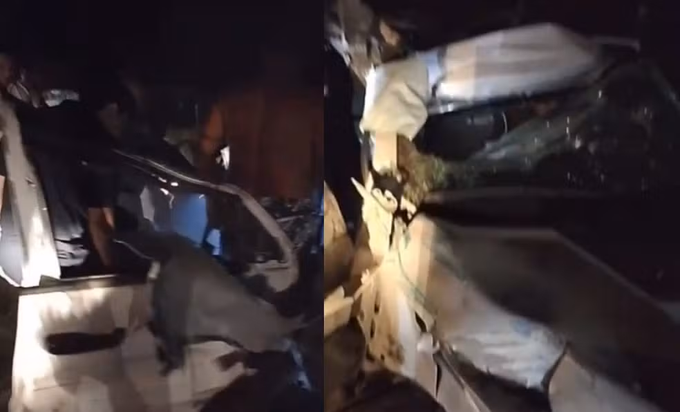 (Veículo do prefeito ficou completamente destruíd após a batida.)