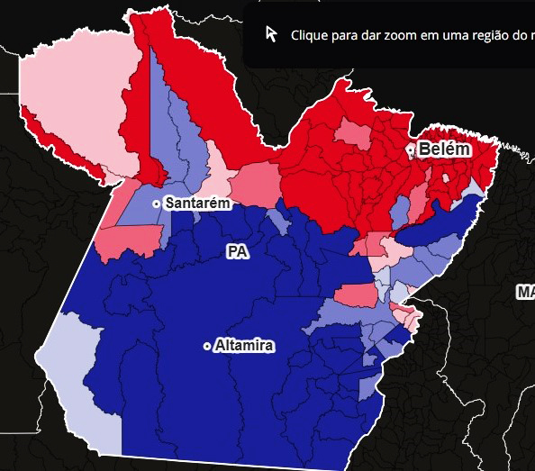 Regiões em vermelho concentraram votos em Lula; e em azul,  em Flávio Bolsonro
