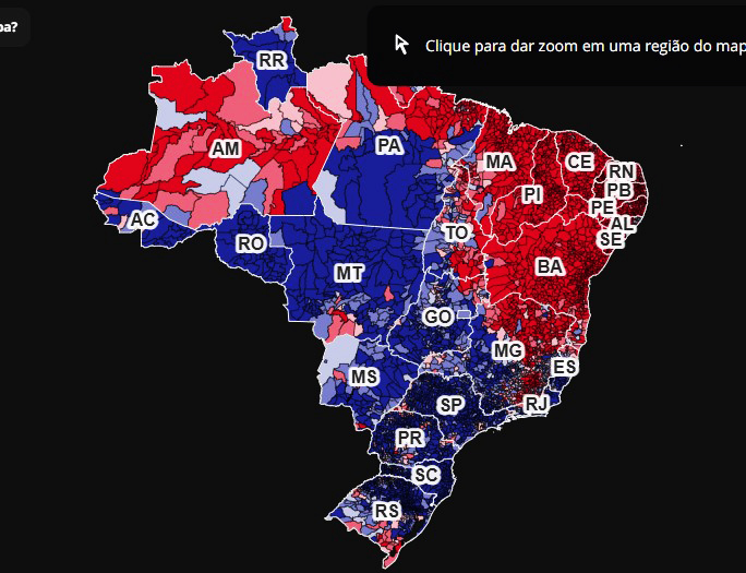 Regiões em vermelho concentraram votos em Lula; e em azul,  em Flávio Bolsonro