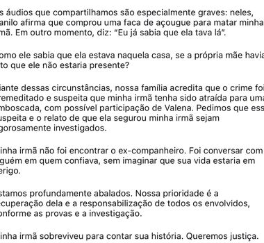 Imagem - Irmão de Bianca afirma que tentativa de feminicídio foi premeditada e pede investigação sobre participação da mãe do suspeito