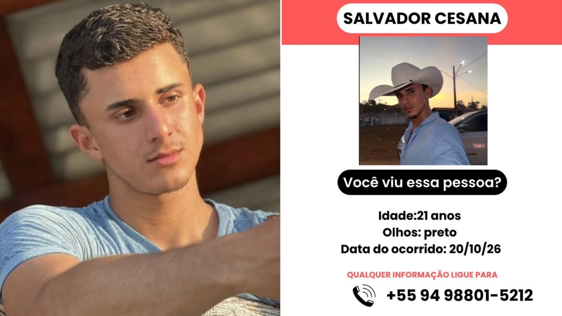 Salvador Cesana, de 21 anos, está desaparecido desde a madrugada desta quarta-feira (21), após sair de Marabá, no sudeste do Pará.