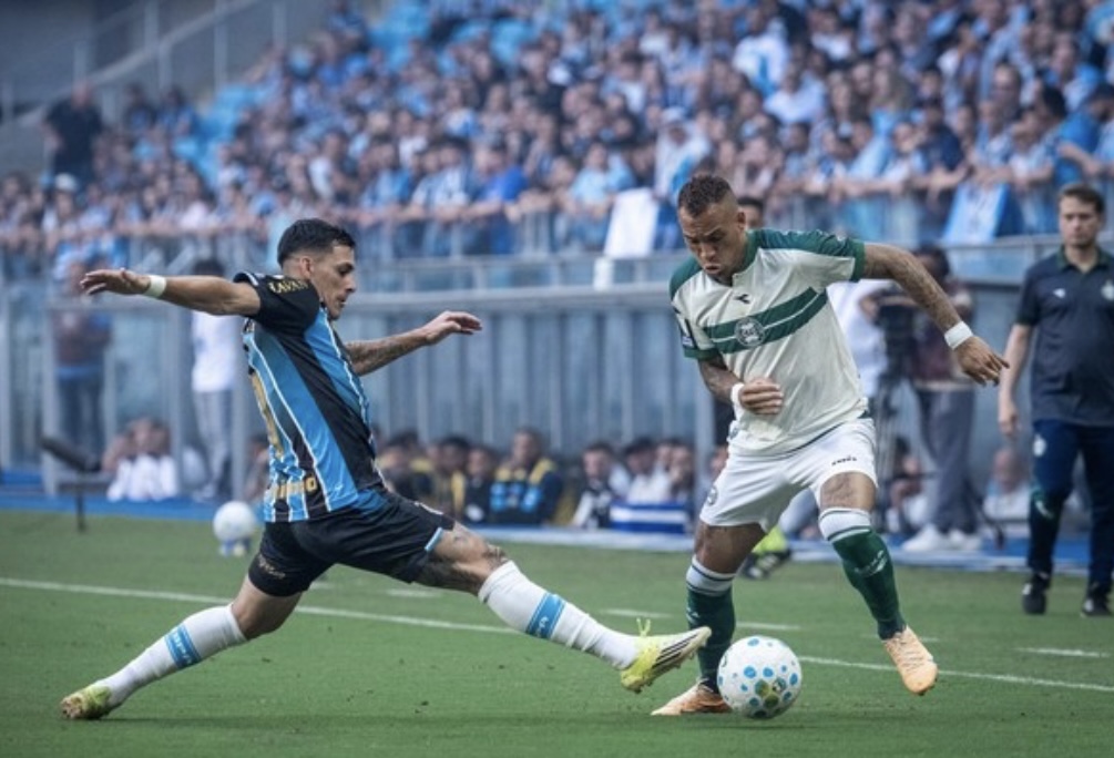 Breno Lopes em lance de Grêmio x Coritiba -