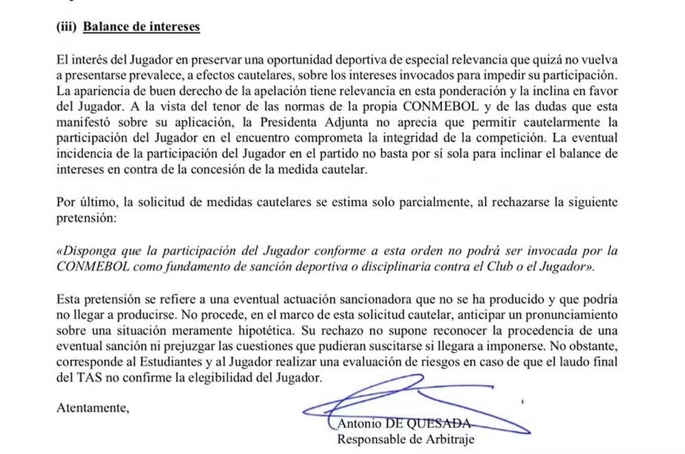 Documento do CAS que autorizou Marcos Rojo a jogar no Flamengo x Estudiantes —