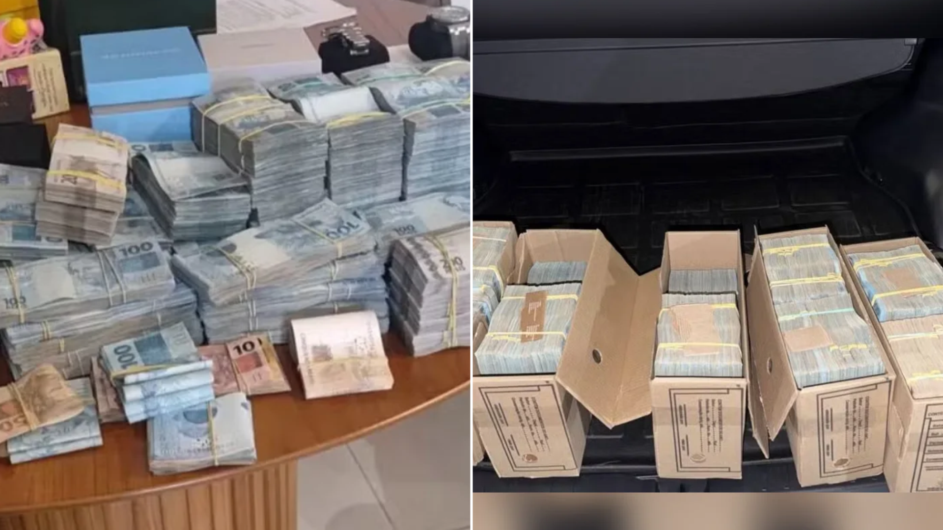 Agentes apreenderam garrafas de vinho, relógios de luxo, veículos e pilhas de dinheiro em caixas contendo cédulas de reais e euros.