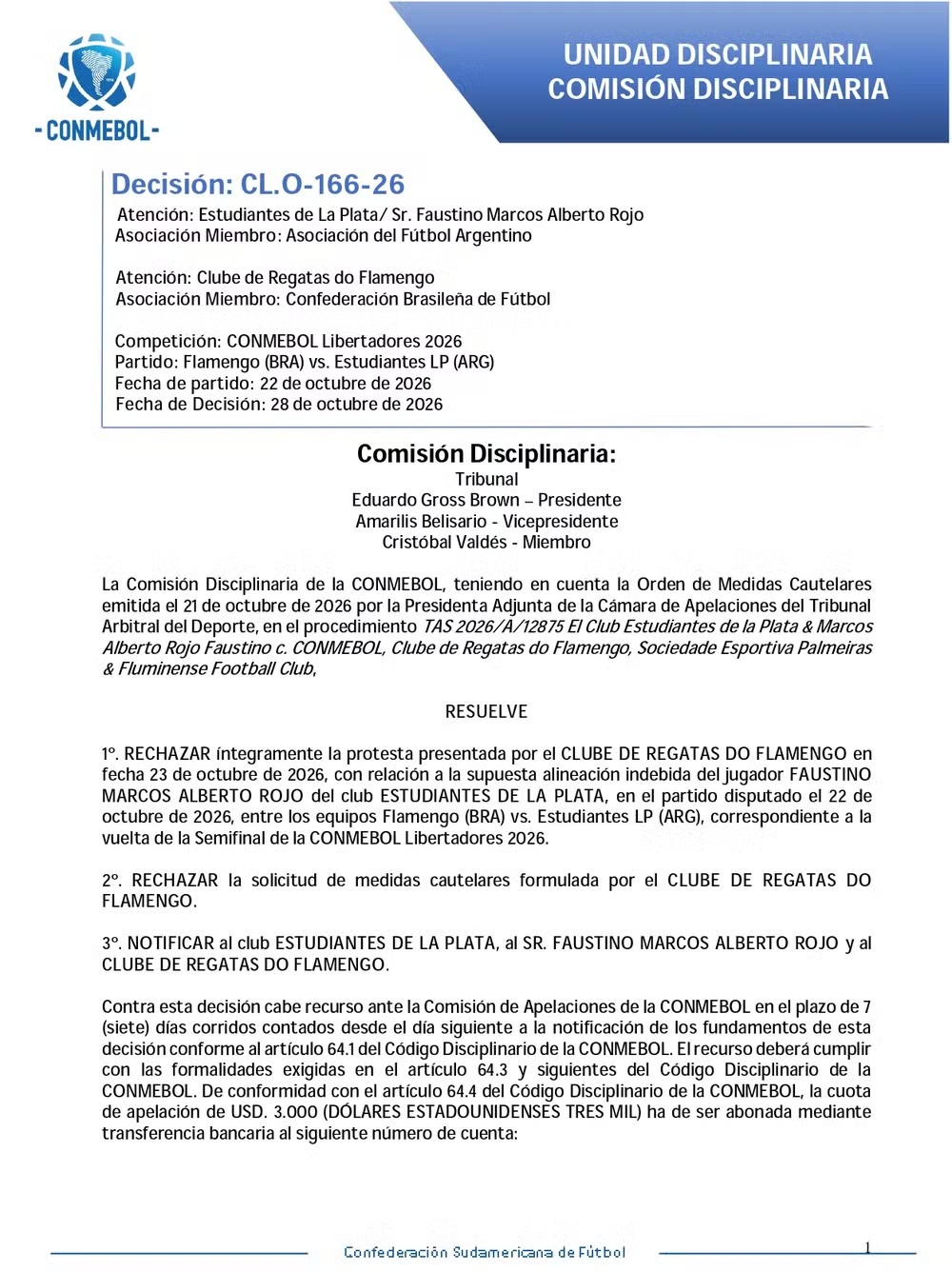 Recurso negado do Flamengo na Comissão Disciplinar da Conmebol -